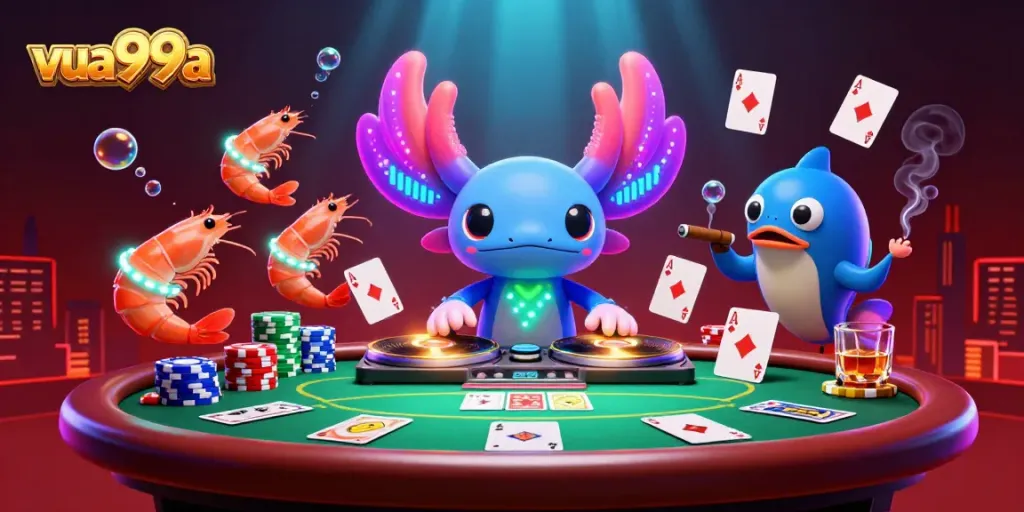 Experience the vibrant underwater casino world of vua99a with a neon axolotl DJ spinning records.