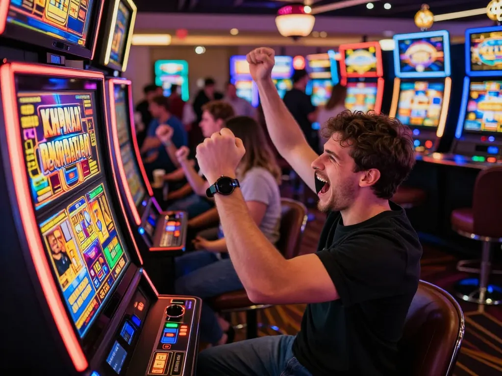Player celebrating a big win at a slot 10k machine in vibrant casino setting, surrounded by colorful lights and excitement.