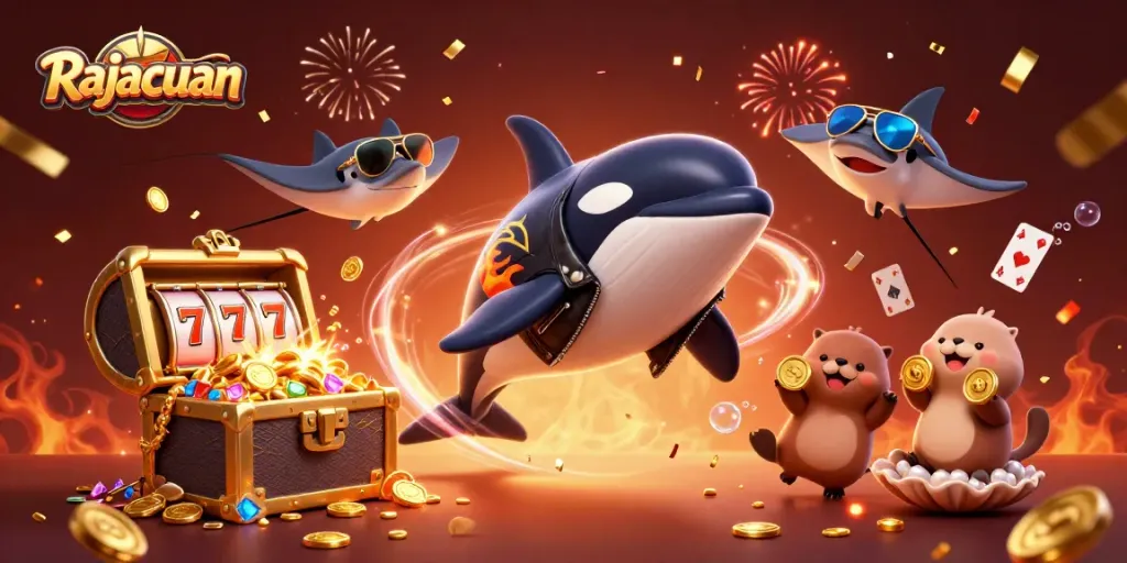 Experience winnings with Rajacuan's thrilling jackpot action amidst golden coins and vibrant casino elements.