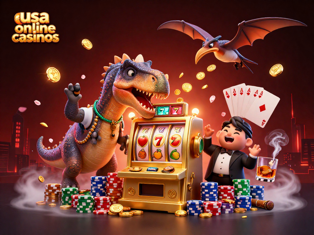 USA online casinos showcase a cartoon dinosaur winning jackpots while a manager panics in a vibrant casino.