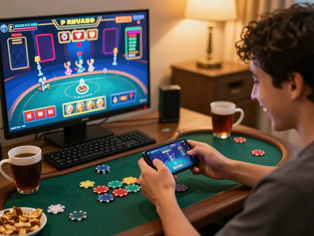 Player enjoying the 壹發娛樂 online casino app on smartphone while gaming at home, showcasing excitement.