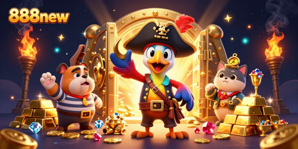 Engage with the vibrant atmosphere of the 888new online casino, surrounded by treasures and lively characters.