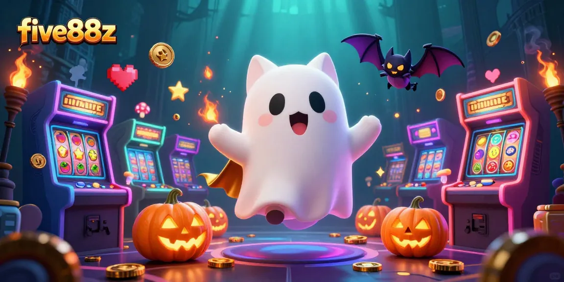 Engage with the lively scene of five88z featuring a ghost cat and vampire bat at a haunted casino.