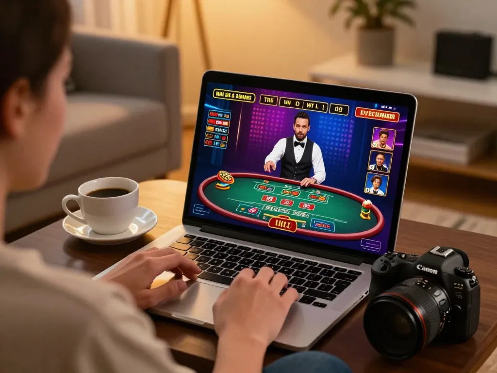 Experience thrill at Nhà cái 79king with live dealer games on a laptop in a cozy setting.