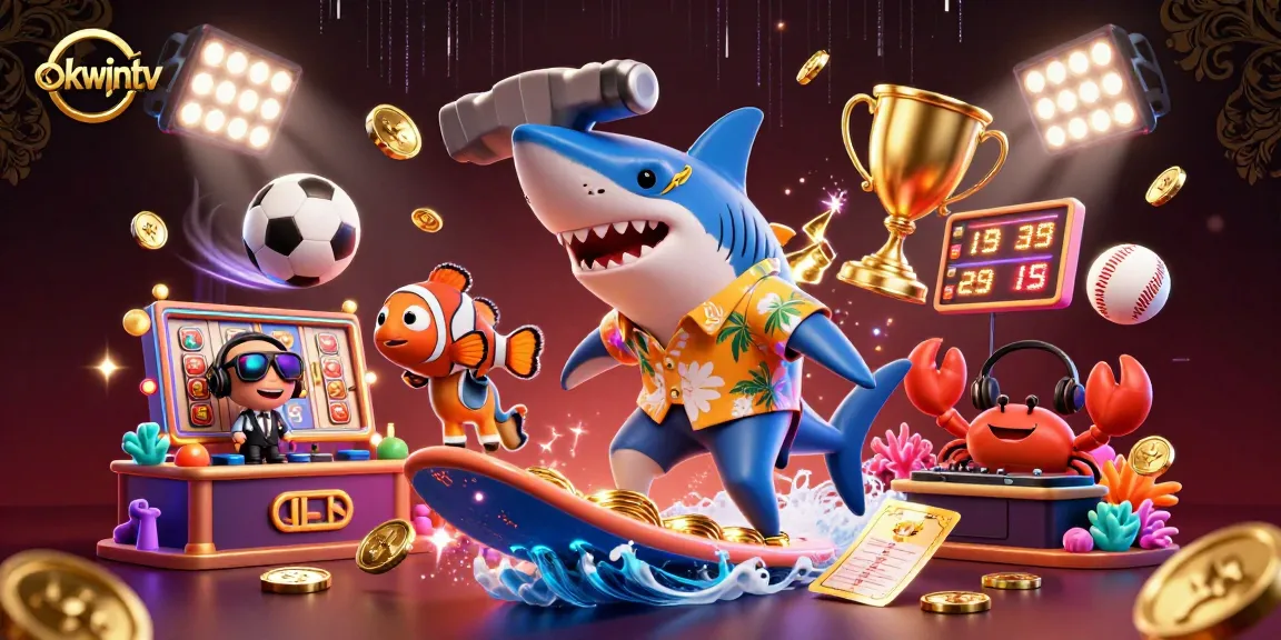 Engage with okwintv's thrilling online casino experience, featuring a shark and vibrant elements of luck.