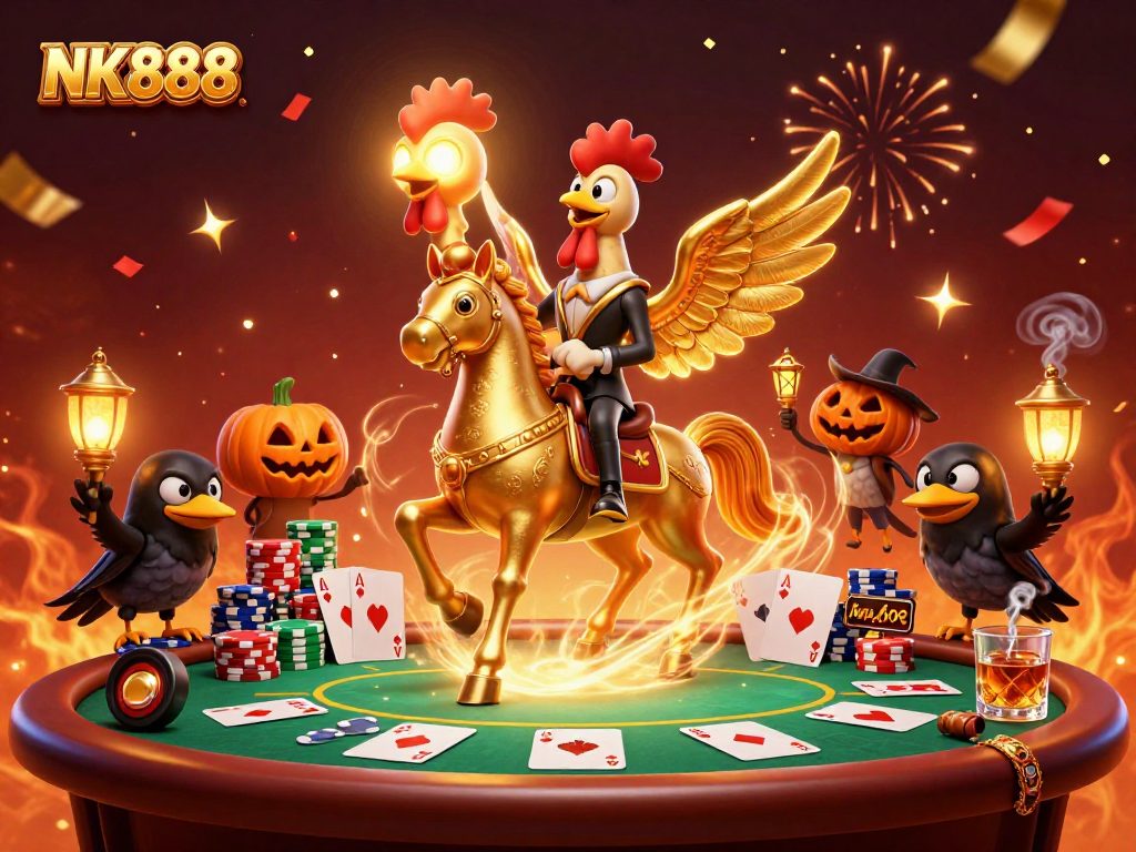 Win big at NK888 with a golden rooster and spectral horse in a vibrant casino scene.