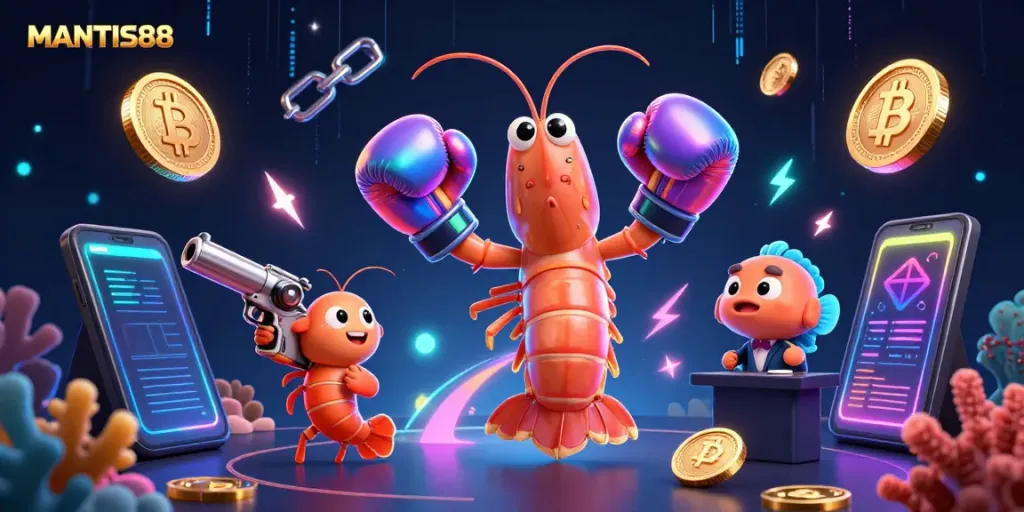 Engage with MANTIS88 as a vibrant scene with digital currencies and animated casino elements.