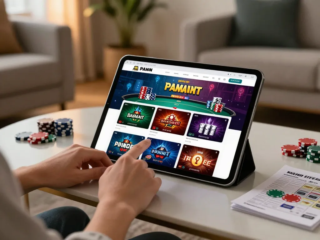 Engaging in online gaming with LC88 on a tablet, showcasing an exciting poker strategy in a cozy home