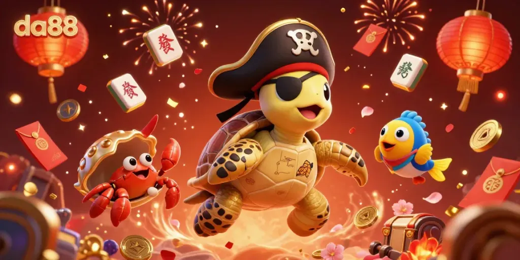 Experience thrilling action at da88, featuring a pirate turtle and treasure in this festive casino scene.