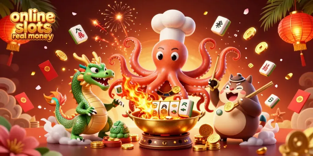 Engage with online slots real money, illustrated by lively characters amid dynamic gambling elements.