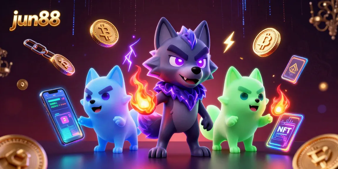 Spin and win at jun88 while surrounded by neon crypto casino elements and lucky charms.