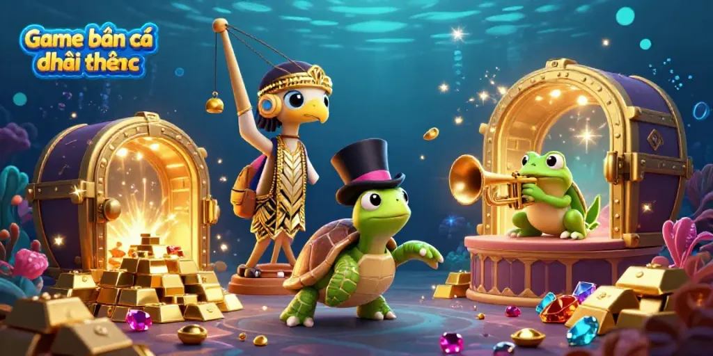 Engage in thrilling Game bắn cá đổi thưởng with colorful underwater characters and treasure-filled adventure.