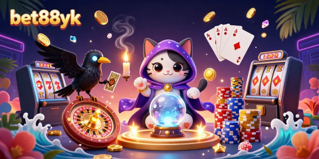 Experience the thrill with bet88yk's vibrant 3D casino scene featuring a mystical fortune teller and more.