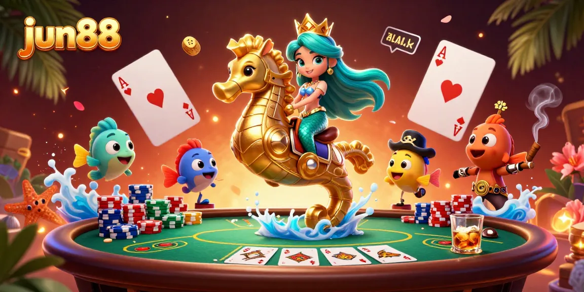 Experience the thrill of jun88 with a vibrant 3D illustration featuring a mermaid princess and poker elements.