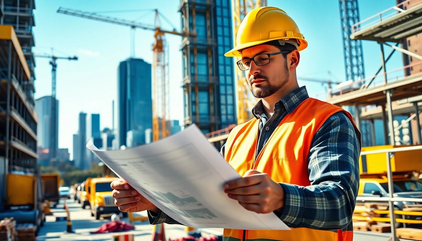 Manhattan Commercial General Contractor analyzing blueprints on a vibrant construction site.