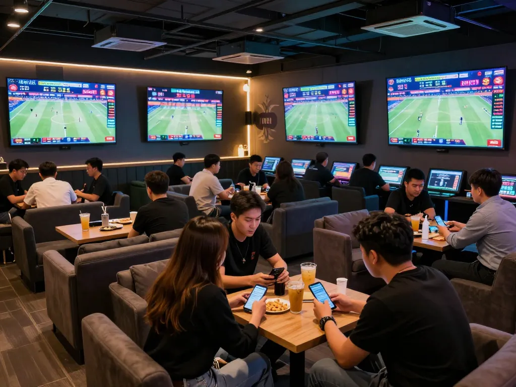 Excited bettors analyzing games and odds in a sports betting lounge at open88c, capturing the energy of live competition.