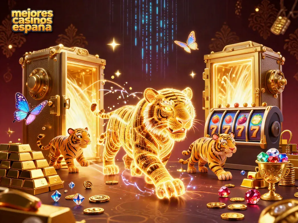 Los mejores casinos en España brillan con un tigre dorado en un paisaje de casino digital, rodeado de tesoros.