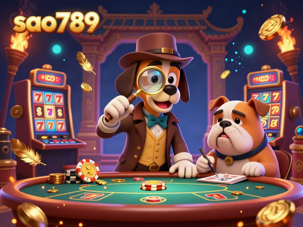 Solve the mystery of sao789 with a detective cartoon dog exploring a poker chip in a rich casino scene.
