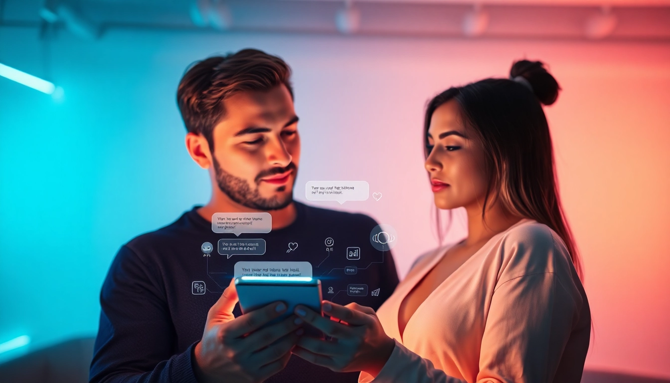 Engaging couple using sexting AI on a modern device with intimate chat interface.