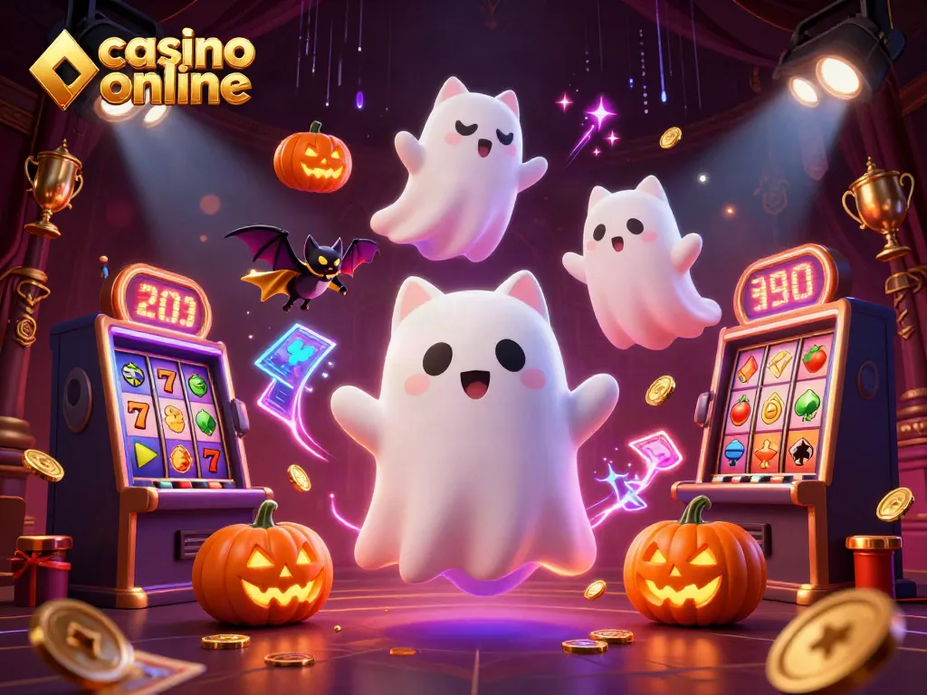 Juega en un emocionante casino online mientras exploras con un gato fantasma y un murciélago.