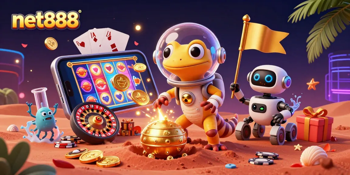 Experience the thrilling net888 casino with vibrant 3D illustration showcasing slots and alien characters.