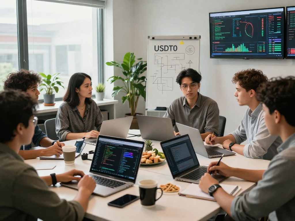 Team discussing USDT0 technology in modern office setting, showcasing collaboration and strategy.