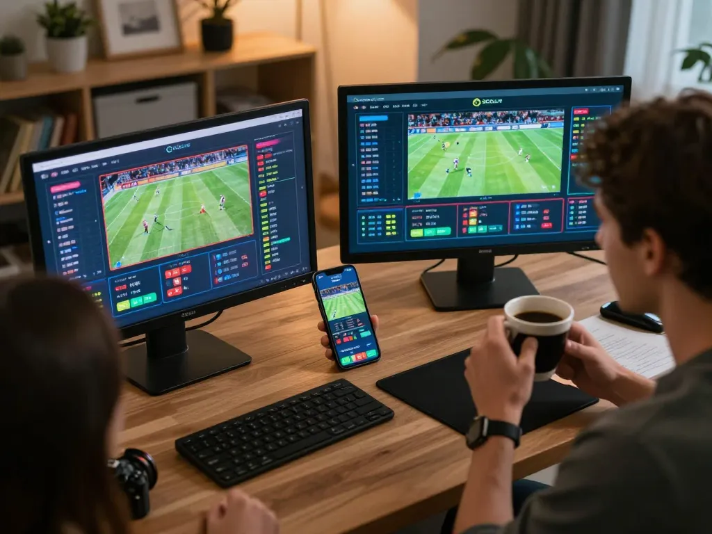 SOCOLIVE user analyzing live soccer betting odds at home for strategic gameplay.
