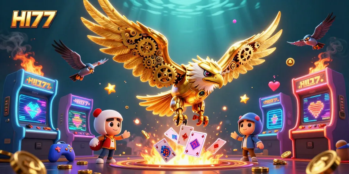 Engage in spectacular gambling action with HI77's dynamic golden eagle amidst 3D gaming elements.