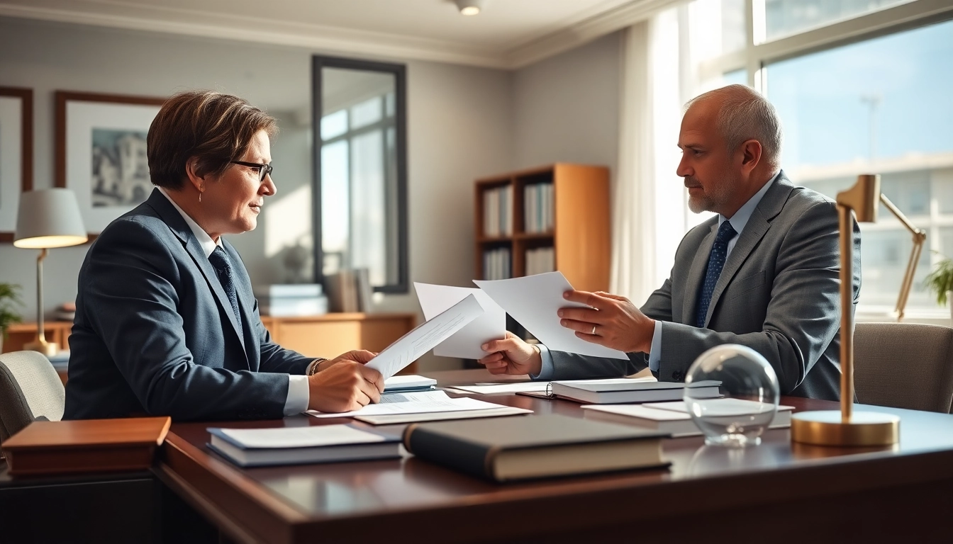 Engaging estate planning consultation with a lawyer and client in a bright office setting.