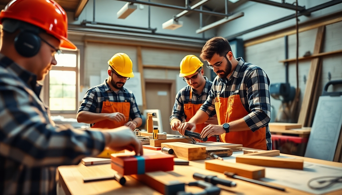 Engaged trainees in a contractor apprenticeship honing skills with tools in a dynamic learning environment.