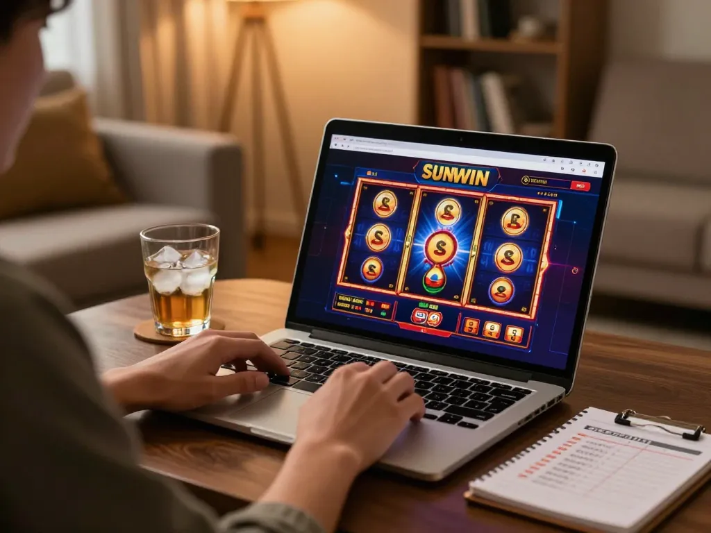 SUN WIN online gaming experience showing a player engaged with colorful casino interface and strategy notes in cozy home.