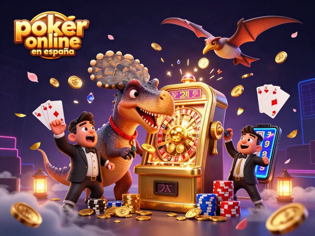 Disfruta poker online en España con una vibrante escena de acción de personajes de dibujos animados en un casino.