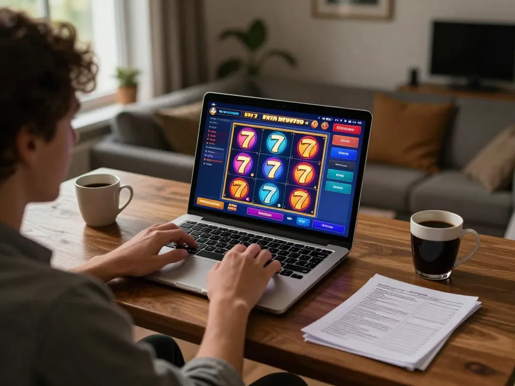 Player engaging with vibrant slot777 online gaming interface, showcasing strategic betting in a cozy home setting