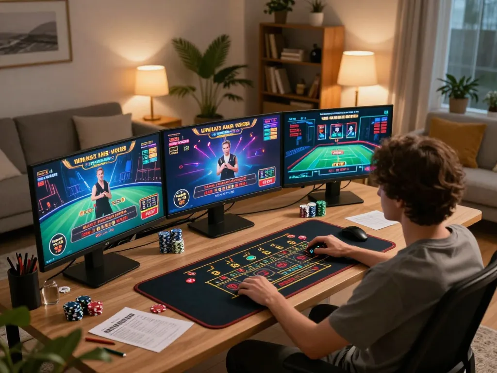 Player engaging with SC88 live dealer game on multiple screens in a cozy home environment.