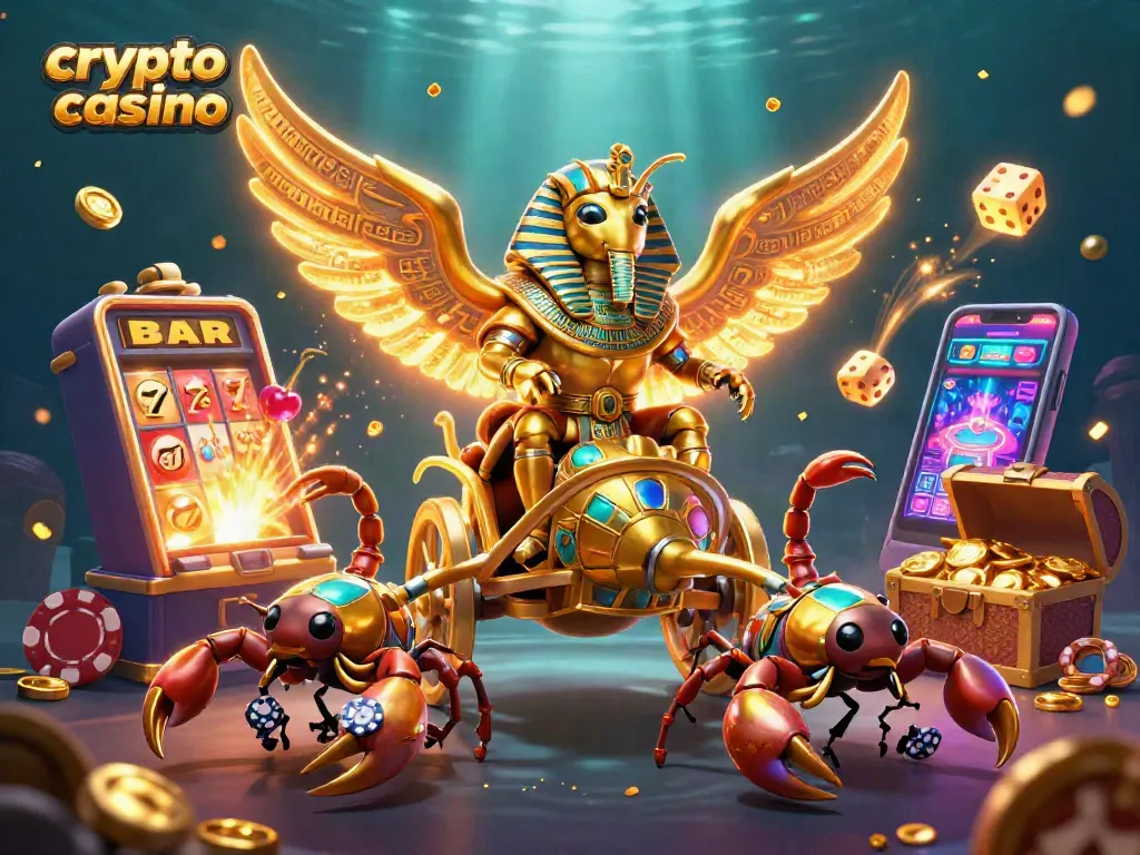 Gioca nel crypto casino con un'immagine coinvolgente di una scultura dorata e simboli scintillanti.