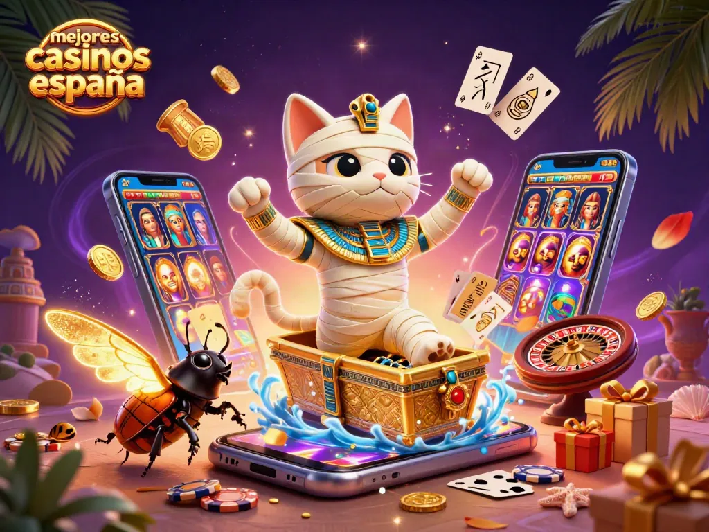 Juega en los mejores casinos España y gana con una emocionante ilustración de un gato momia y un escarabajo en un casino.