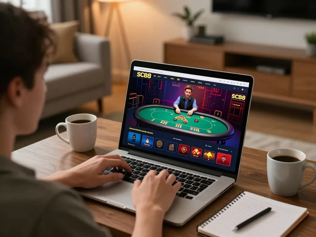 Player engaging in online casino action at SC88, showcasing the poker interface on a laptop.