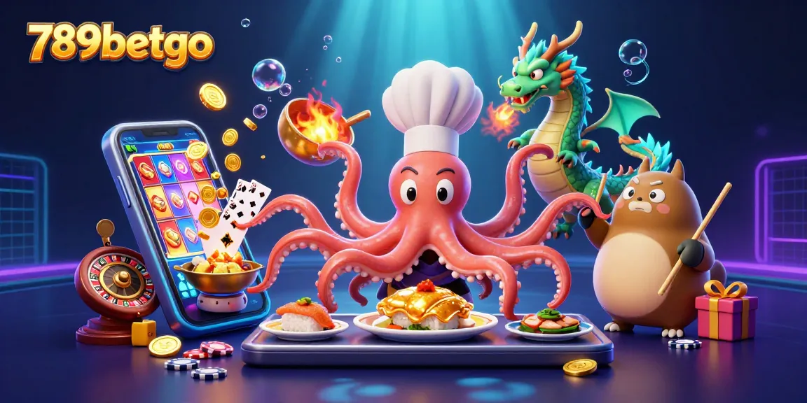 Experience exciting casino games with 789betgo, featuring a vibrant scene of an octopus chef and dragon!