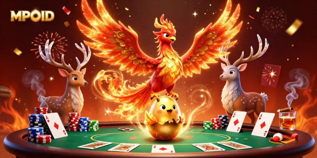 MPOID players enjoy a vibrant casino atmosphere with a phoenix and poker elements in 3D