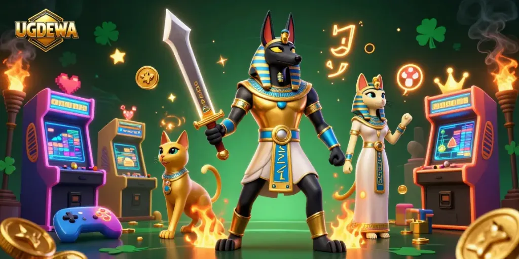 Experience the thrill of UGDEWA with Anubis and Bastet in a vibrant casino setting