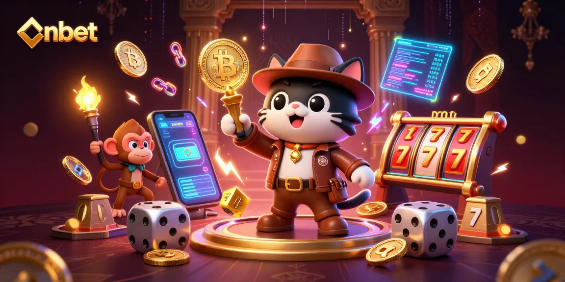 Explore nbet's thrilling golden artifact discovery adventure amidst neon crypto symbols.