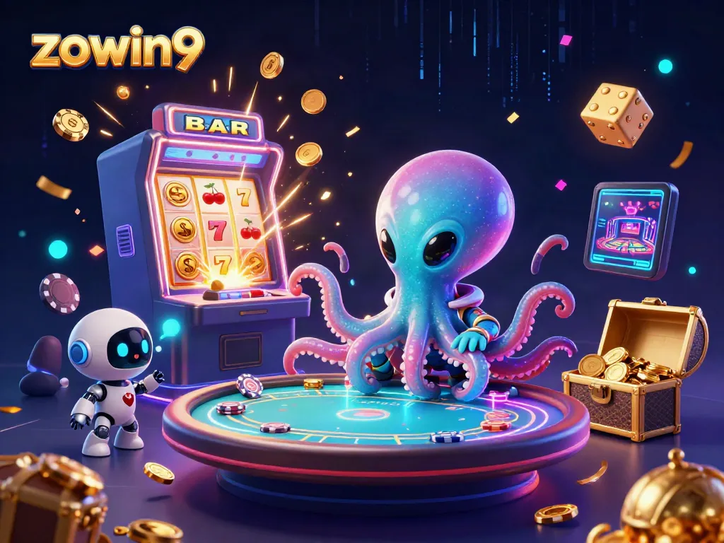An alien octopus dealer using a holographic poker table at the vibrant zowin9 casino, featuring colorful chips and slot machine.