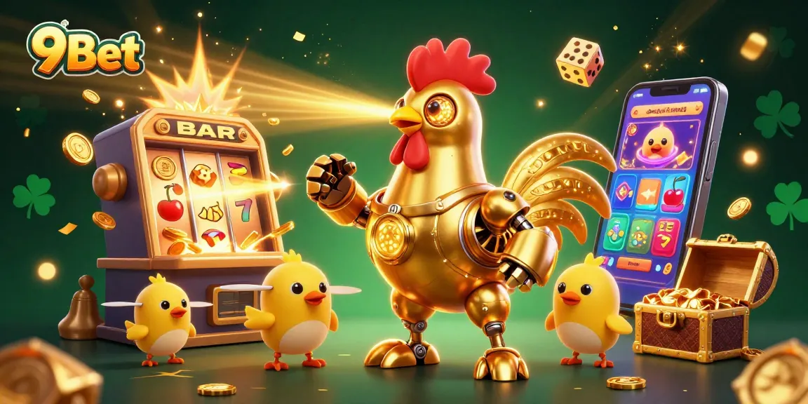 Engage with 9Bet's vibrant casino scene featuring a golden rooster robot and dynamic game elements.