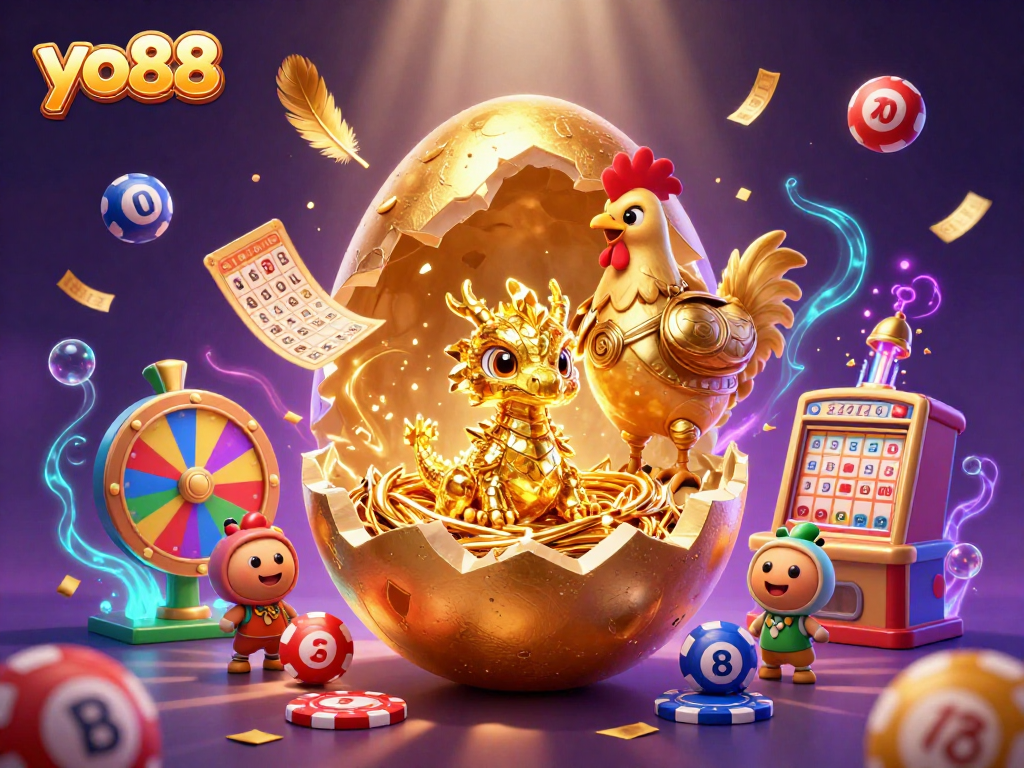 Experience the thrill of yo88 with a golden baby dragon amidst vibrant casino elements and lottery excitement.