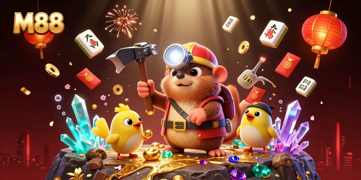 M88 engages players with a vibrant treasure-hunting scenario, showcasing exciting casino elements in a captivating scene.