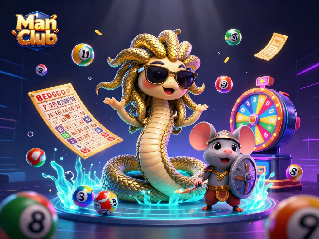 Experience thrilling lottery moments with ManClub's Medusa and warrior mouse in vibrant gaming scene.