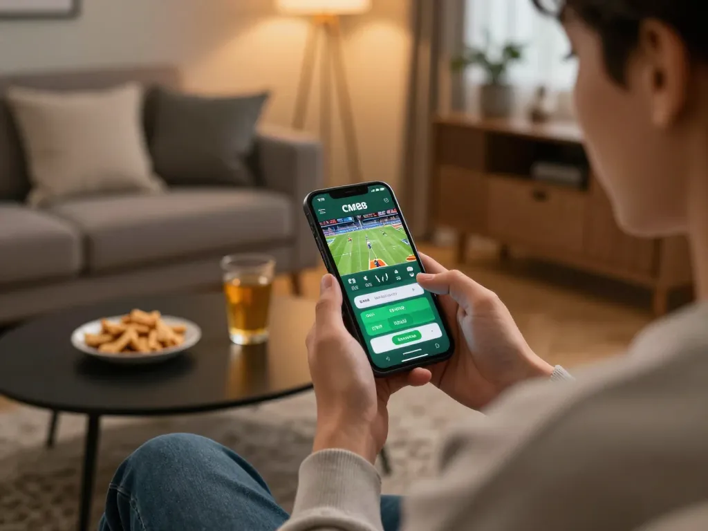 Person placing bets on CM88 mobile app while enjoying a cozy home atmosphere