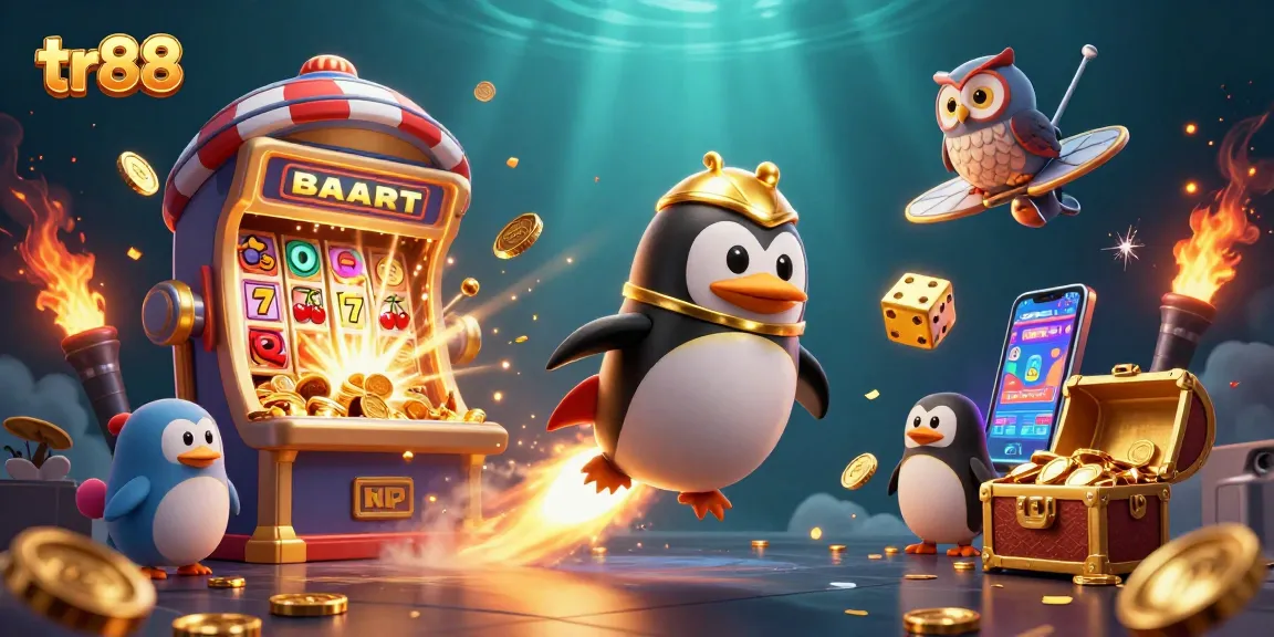 Experience the thrill of tr88 with a dynamic casino scene featuring vibrant gaming elements and a golden penguin.
