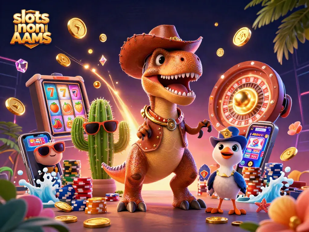 Gioca alle slot non AAMS mentre vedi un dinosauro cowboy e amici in un'illustrazione dinamica.