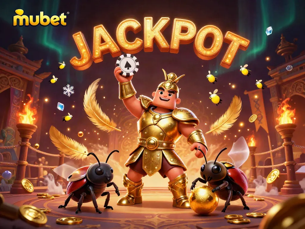 Experience the thrill of mubet with a vibrant victory scene showcasing a hercules beetle in golden armor lifting a poker chip.